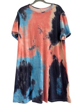 Multicolor Tie-Dye Short Sleeve T-Shirt Dress | Blue & Coral Oversized XXL